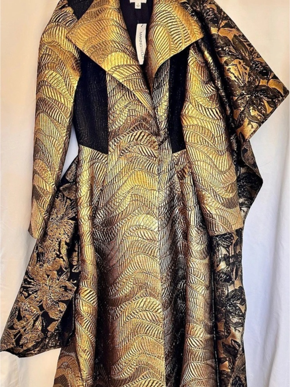 Making the Cut Jeanette'Small Metallic Jacquard Coat with Sash Gold & Black